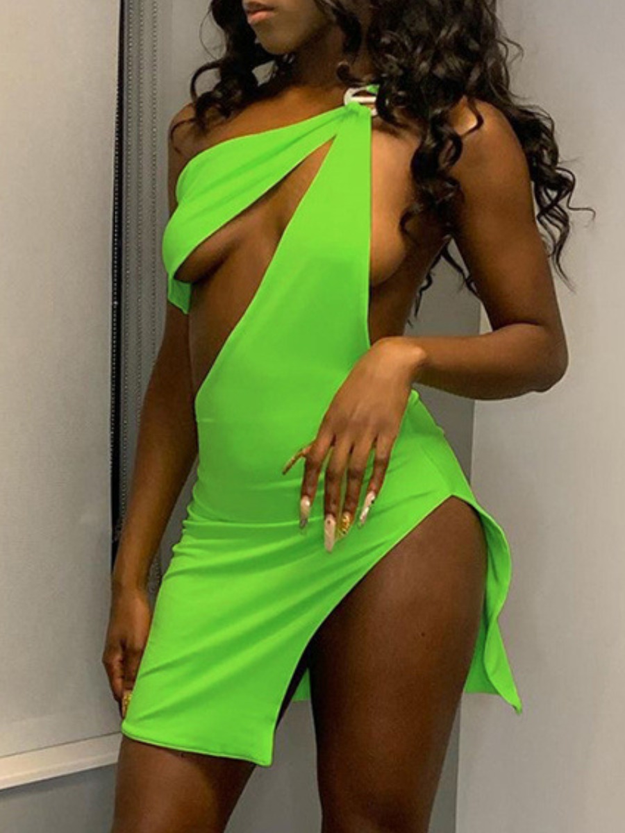 

LW One Shoulder Cut Out Thigh Slit Dress, Green