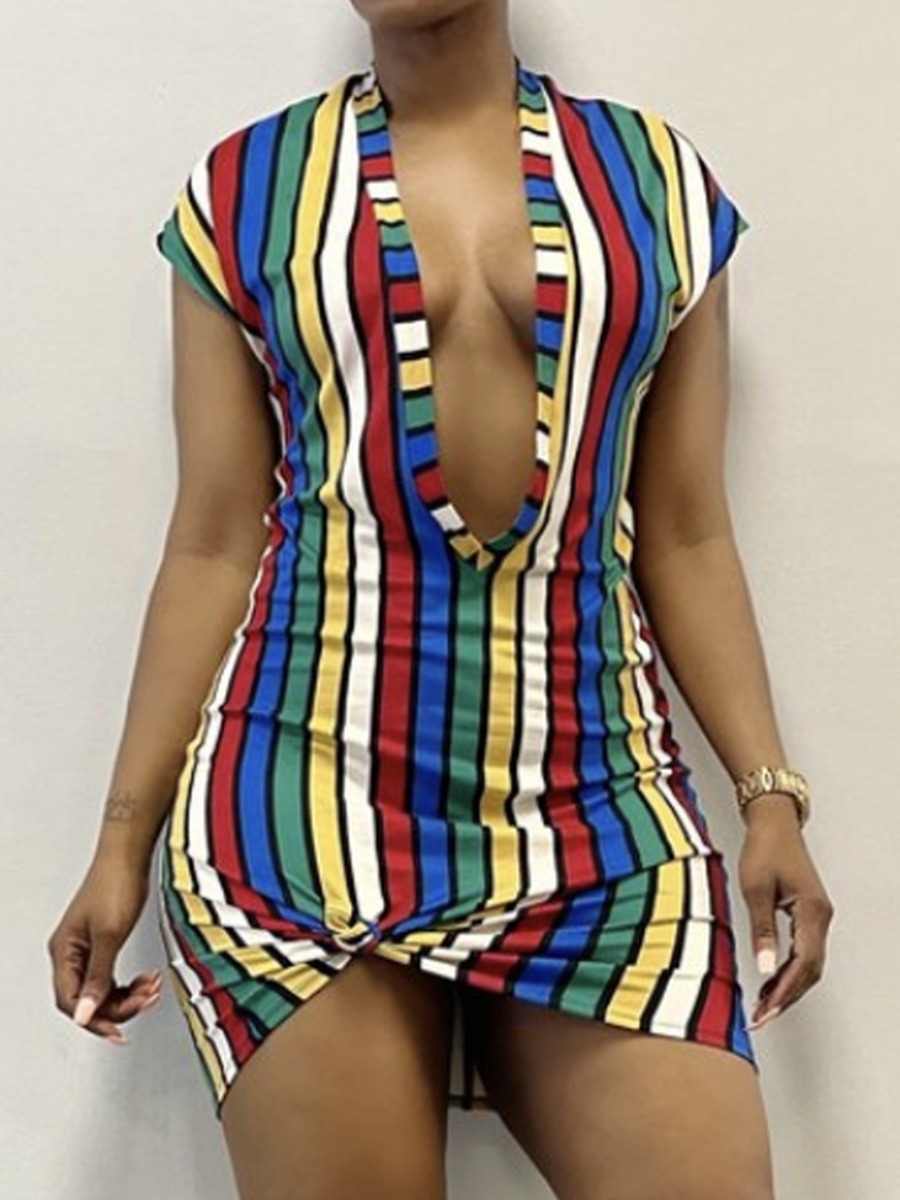 

LW SXY Deep V Neck Striped Dress, Multicolor mstn