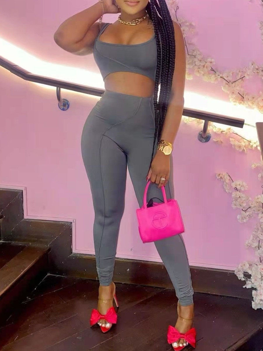

LW U Neck Skinny Crop Top Pants Set, Grey