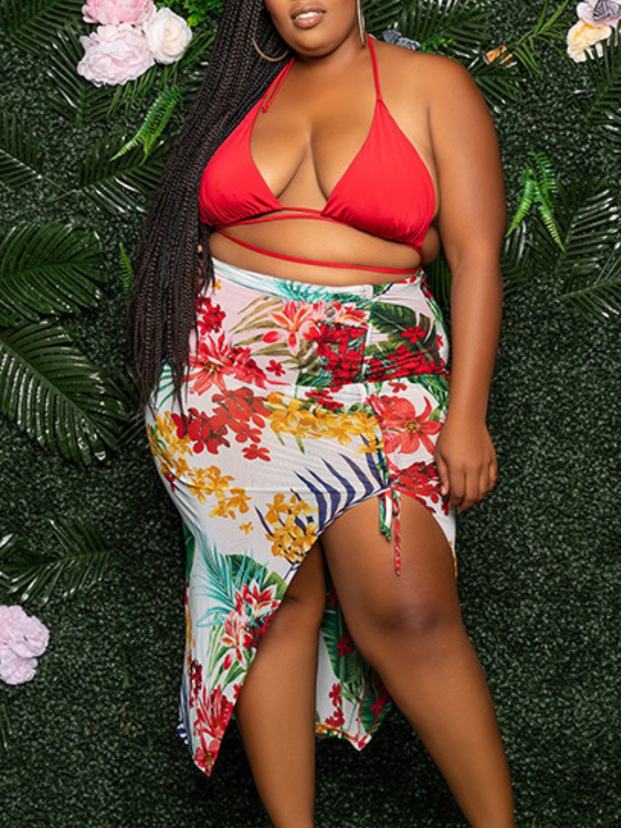 

LW Plus Size Floral Print Thigh Slit Skirt Set, Red