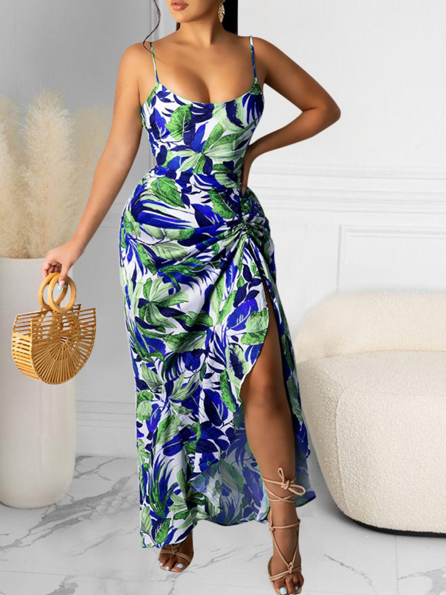 

LW Floral Print Backless Drawstring Ruched Dress, Blue