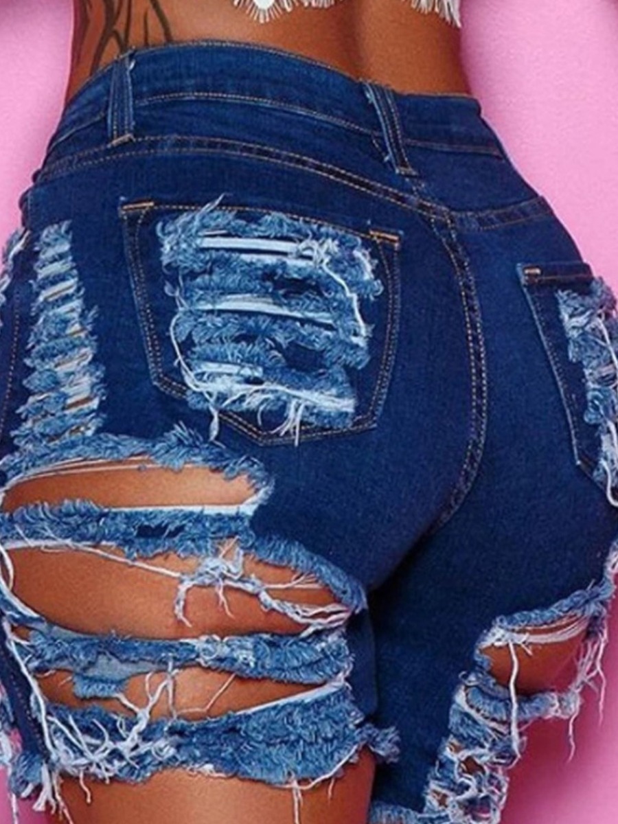 

LW Mid Waist Ripped High Stretchy Denim Shorts, Deep blue