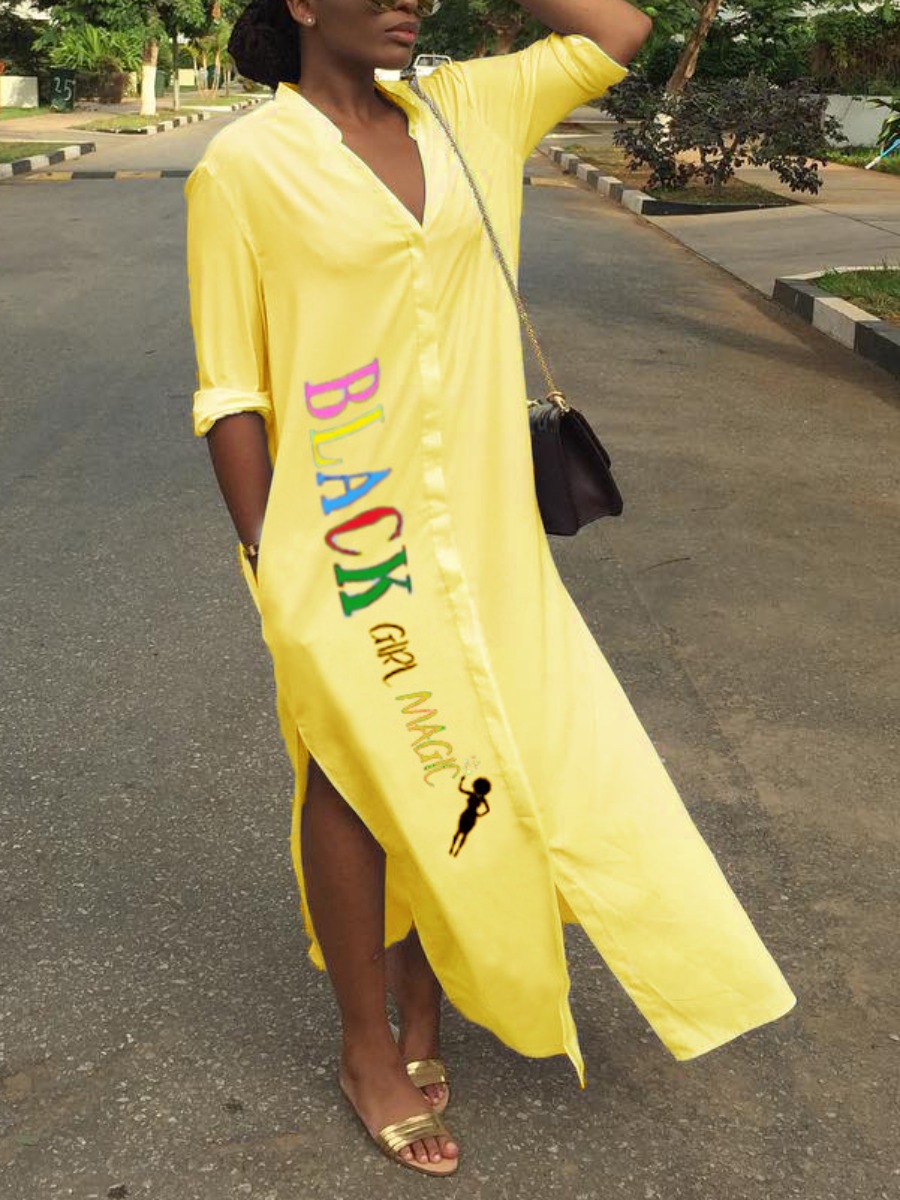 

LW Plus Size Letter Print Slit Shirt Dress, Yellow