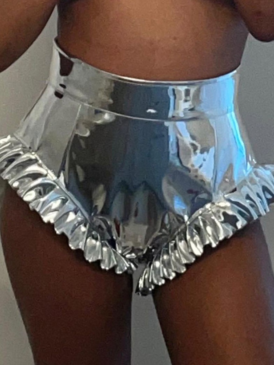 

LW SXY Plus Size Leather Ruffle Design Shorts, Silver