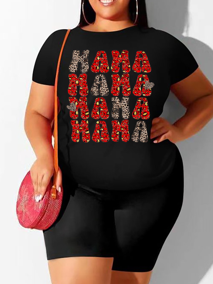 

LW Plus Size Leopard Letter Print Shorts Set, Black
