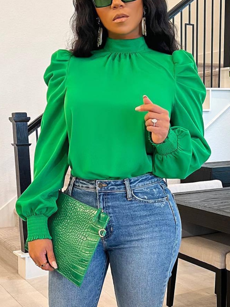 LovelyWholesale Shirred Puff Sleeve Blouse Spring|Fall Long Sleeve Casual Bow Mandarin Collar Spring Summer 2024
