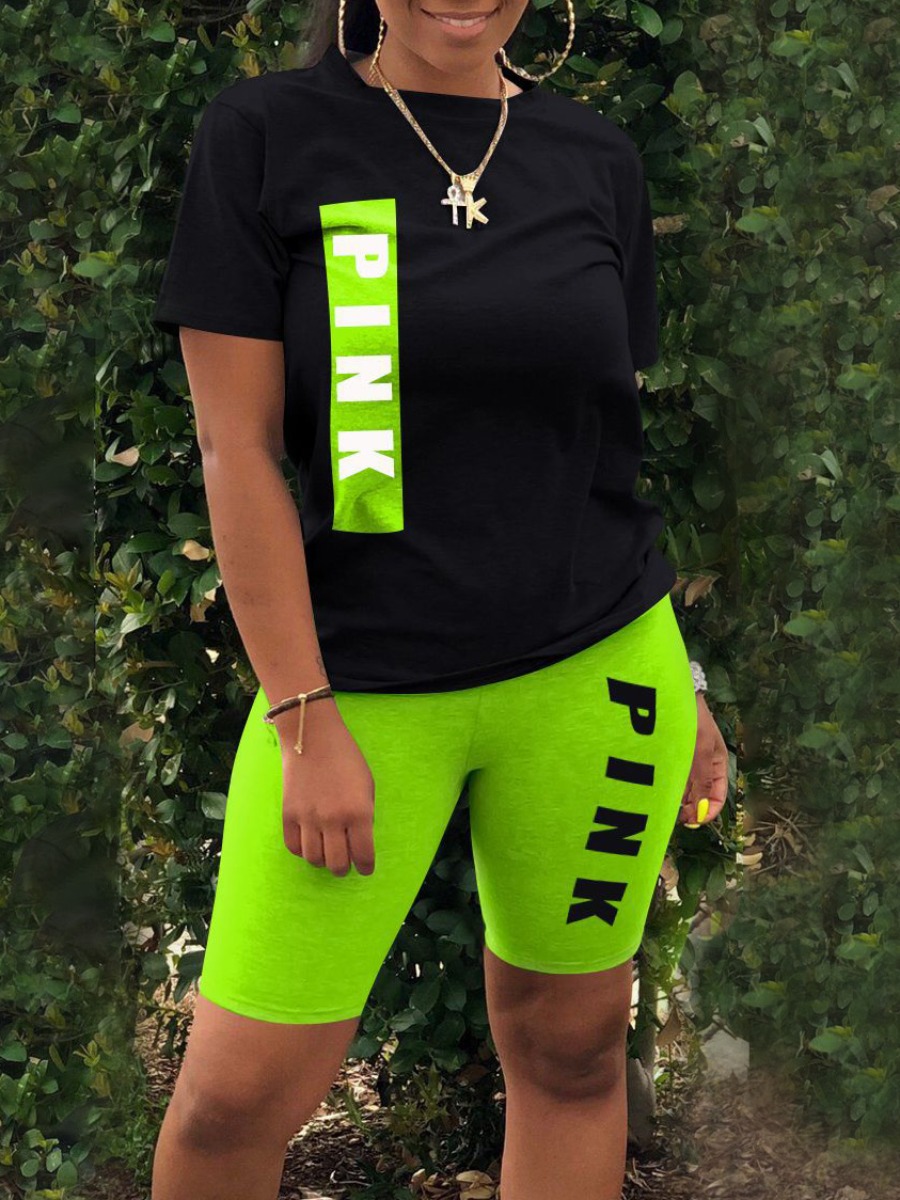 

LW Pink Letter Print Shorts Set, Light green