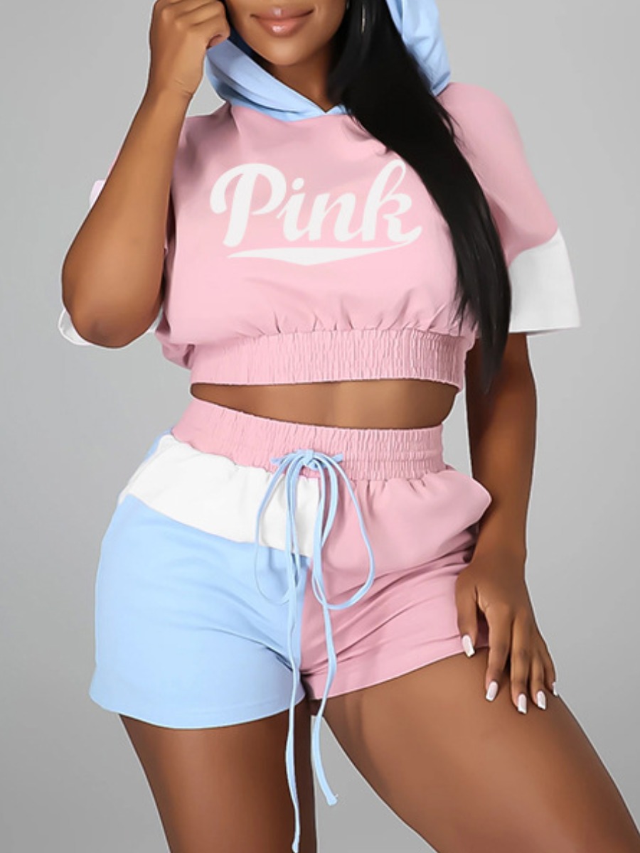 

LW Hooded Collar Pink Letter Print Shorts Set, Multi