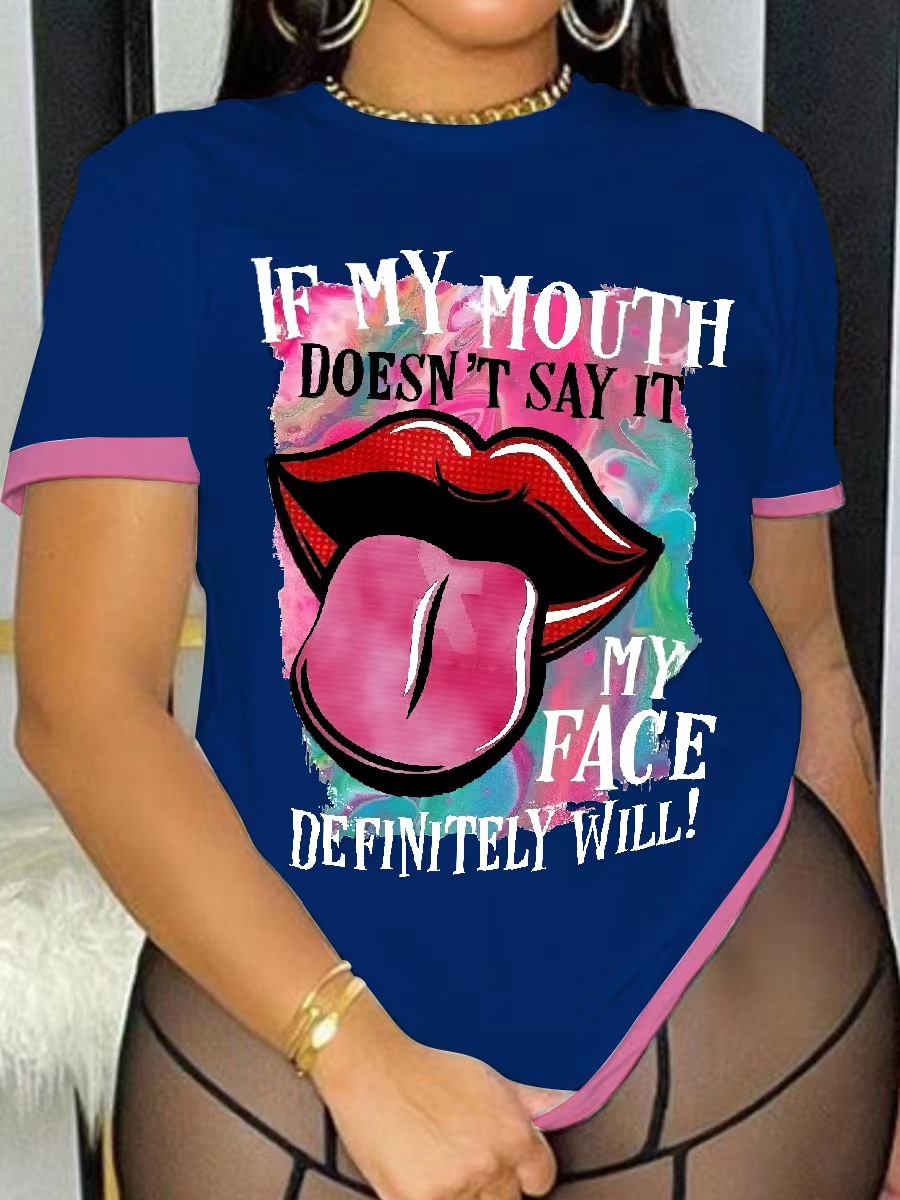 

LW Plus Size Lip Letter Print T-shirt, Blue
