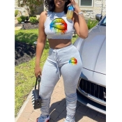 LW Leisure Lip Print Grey Two-piece Pants Set