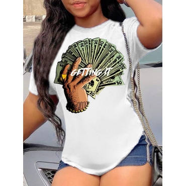 

LW Plus Size Casual O Neck Money Print White T-shirt