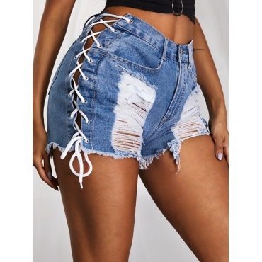 

LW Bandage Design Ripped Denim Shorts, Blue