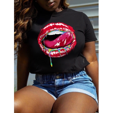 

LW Plus Size Round Neck Lip Print T-shirt, Black