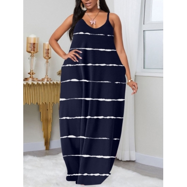 

LW Plus Size Casual V Neck Print Dark Blue Floor Length A Line Dress