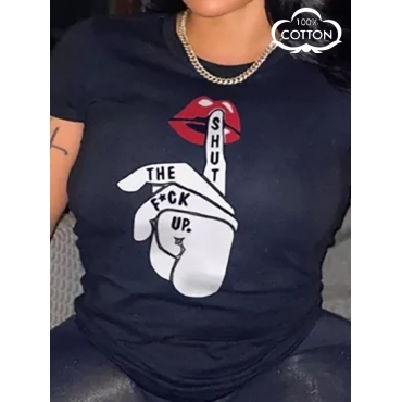 

LW COTTON Plus Size Lip Letter Print T-shirt, Black