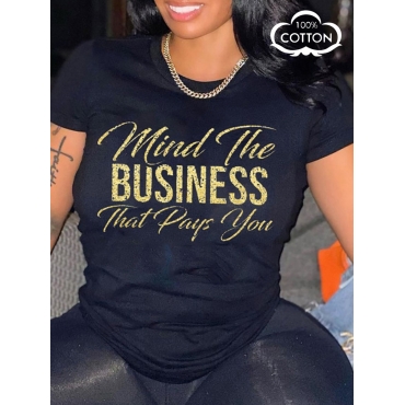 

LW COTTON Plus Size Business Letter Print T-shirt, Black