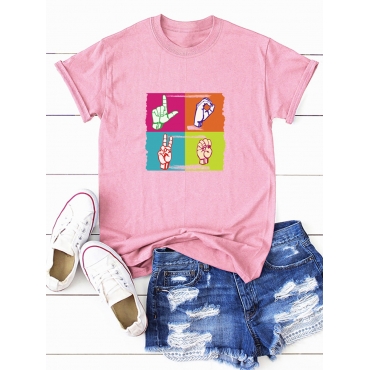 

LW COTTON Plus Size Figure Print Patchwork T-shirt, Pink