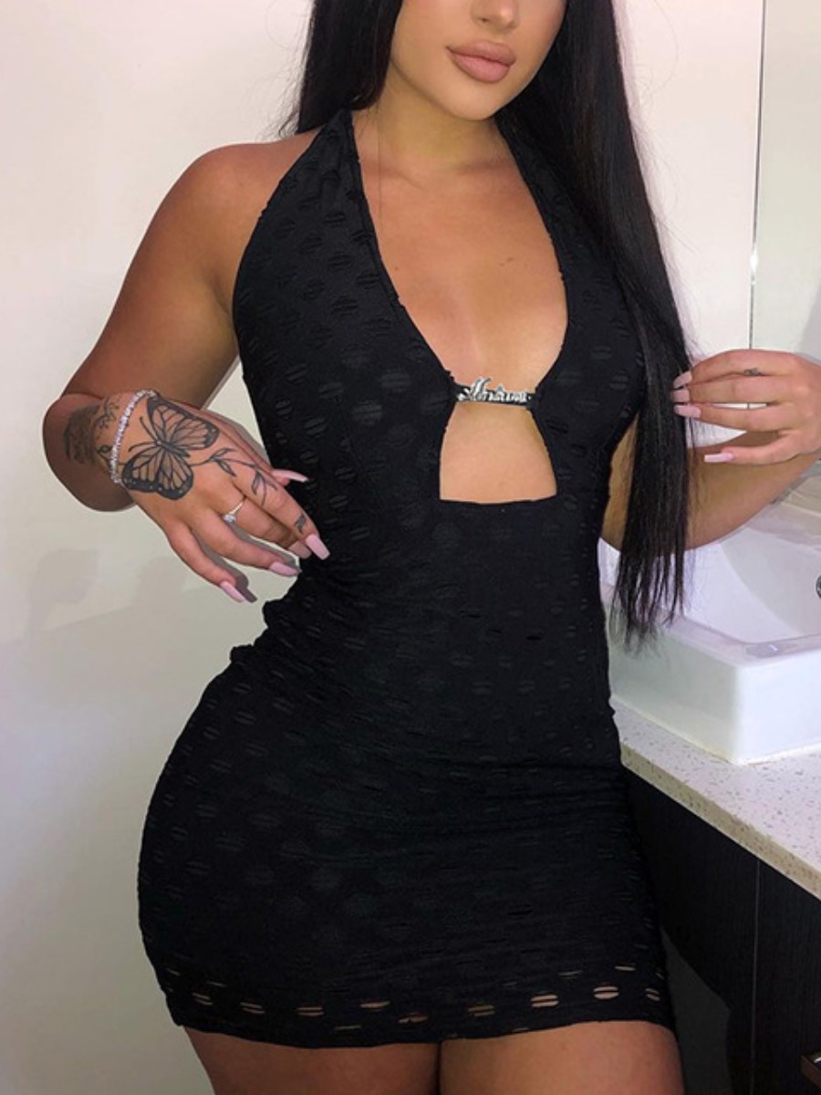 

LW Backless Metal Accessories Decor Bodycon Dress, Black