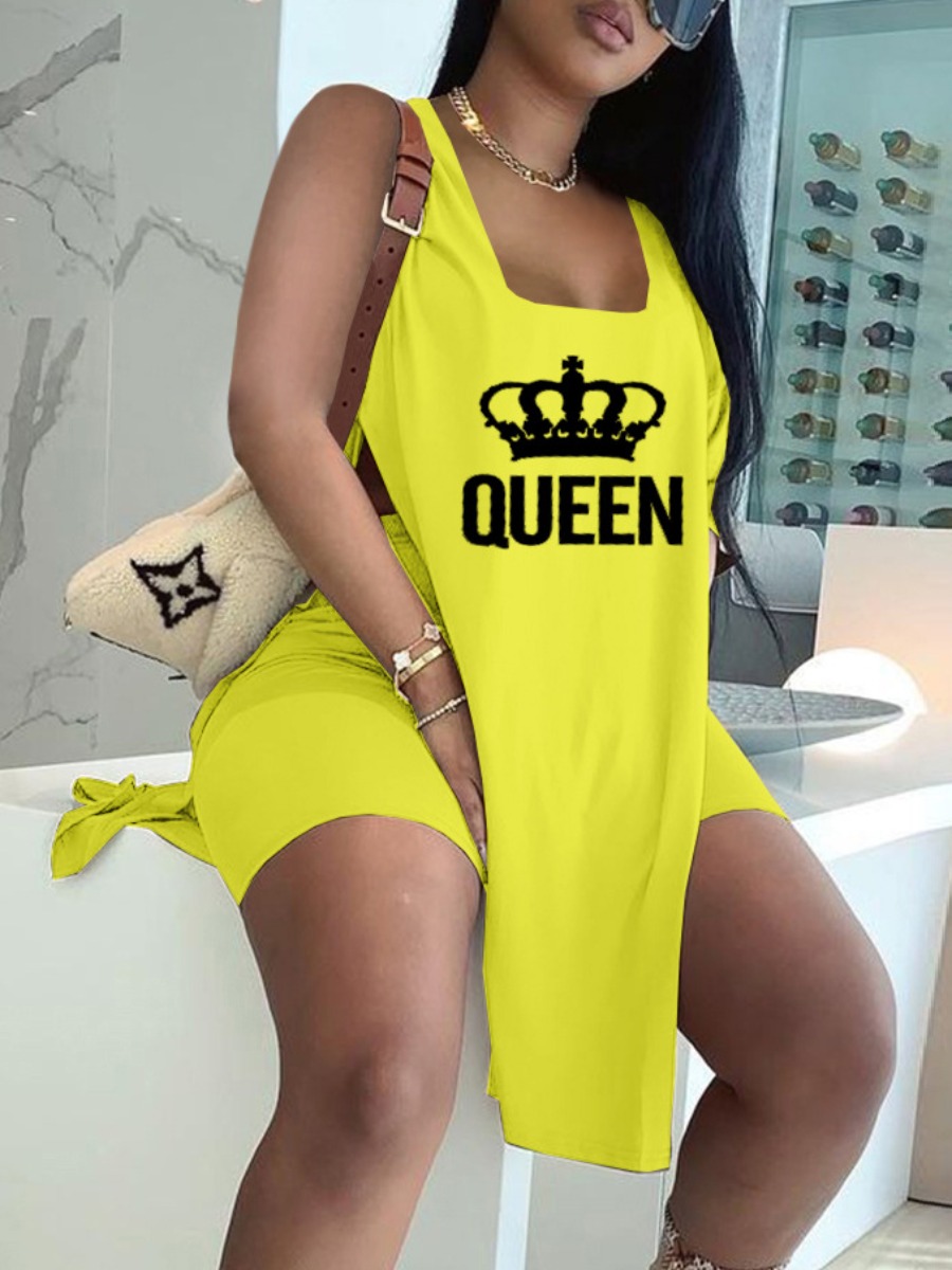 

LW Queen Letter Print Split Shorts Set, Yellow