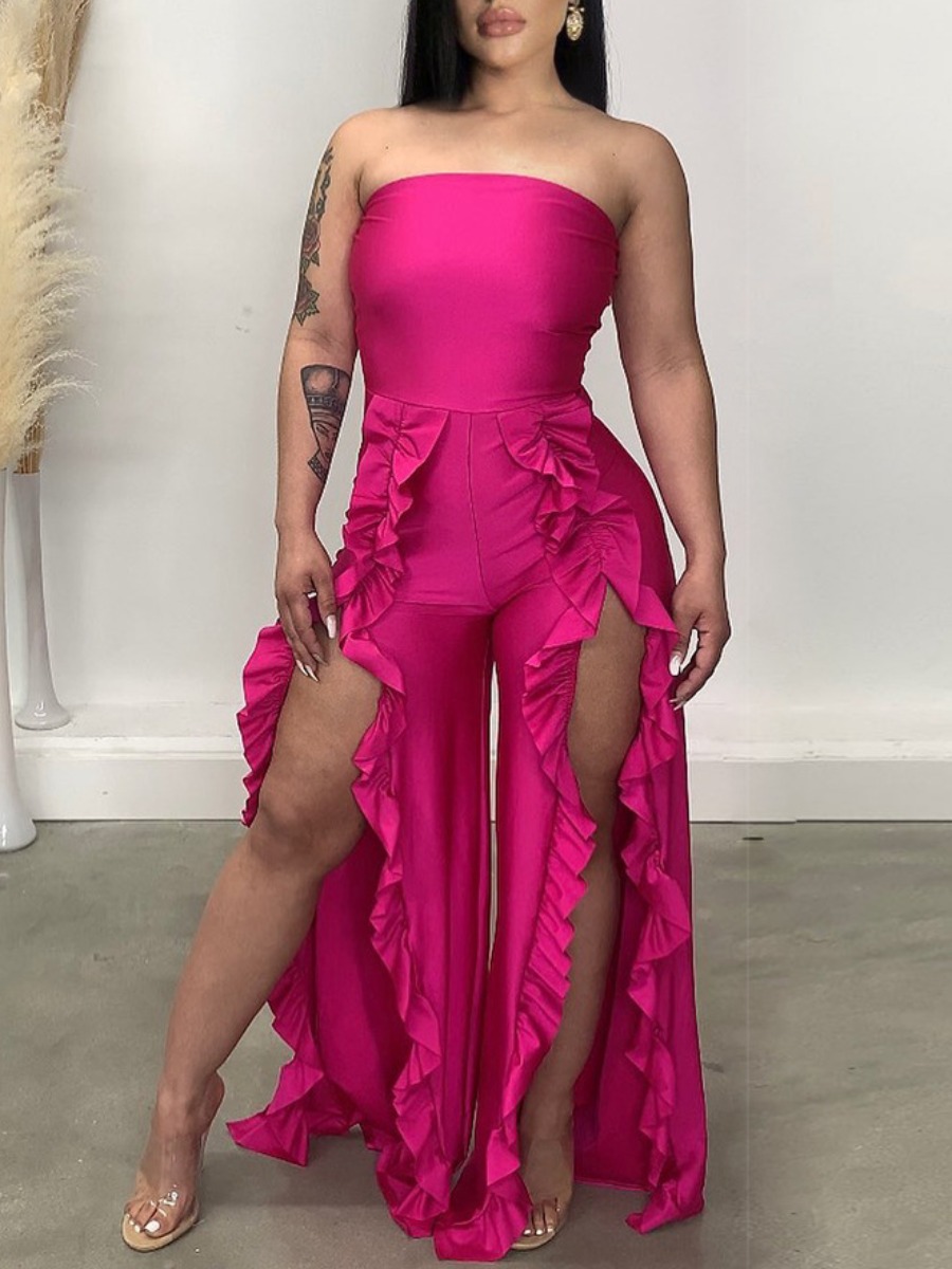 

LW Off The Shoulder Flounce Design High Split Jumpsuit, Rose red
