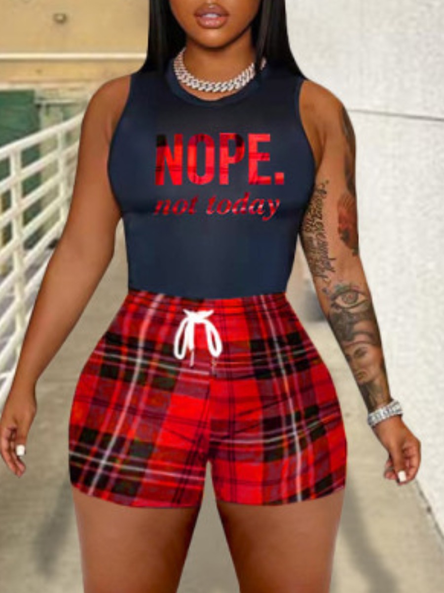 LovelyWholesale Plus Size Plaid Letter Print Drawstring Shorts Set Summer Sleeveless Casual Drawstring Round Neck  5X Spring Summer 2024
