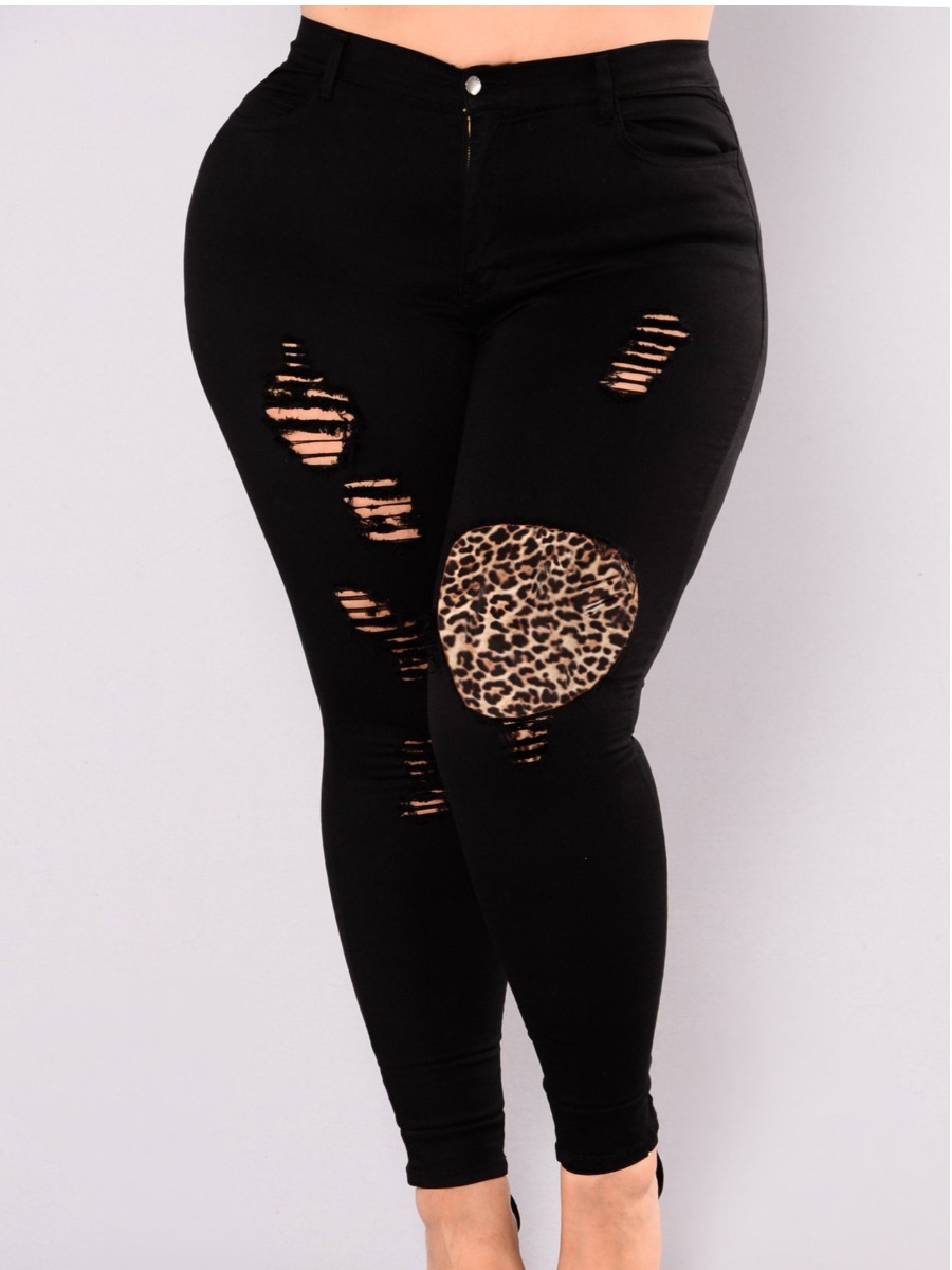 

LW Plus Size Leopard Print Ripped Stretchy Jeans, Black