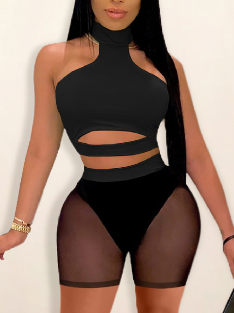 

LW BASICS Cut Out See-through Stretchy Shorts Set, Black
