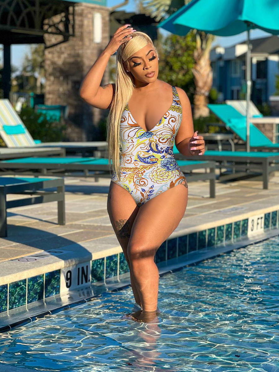 

LW Mixed Print Backless One-piece Swimsuit, Apricot