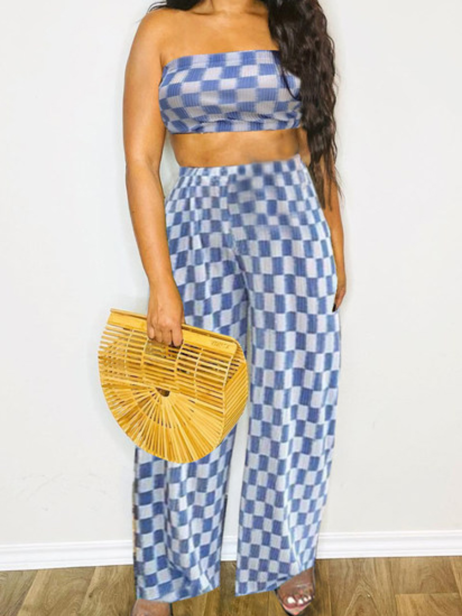 

LW BASICS Off The Shoulder Plaid Print Pants Set, Blue