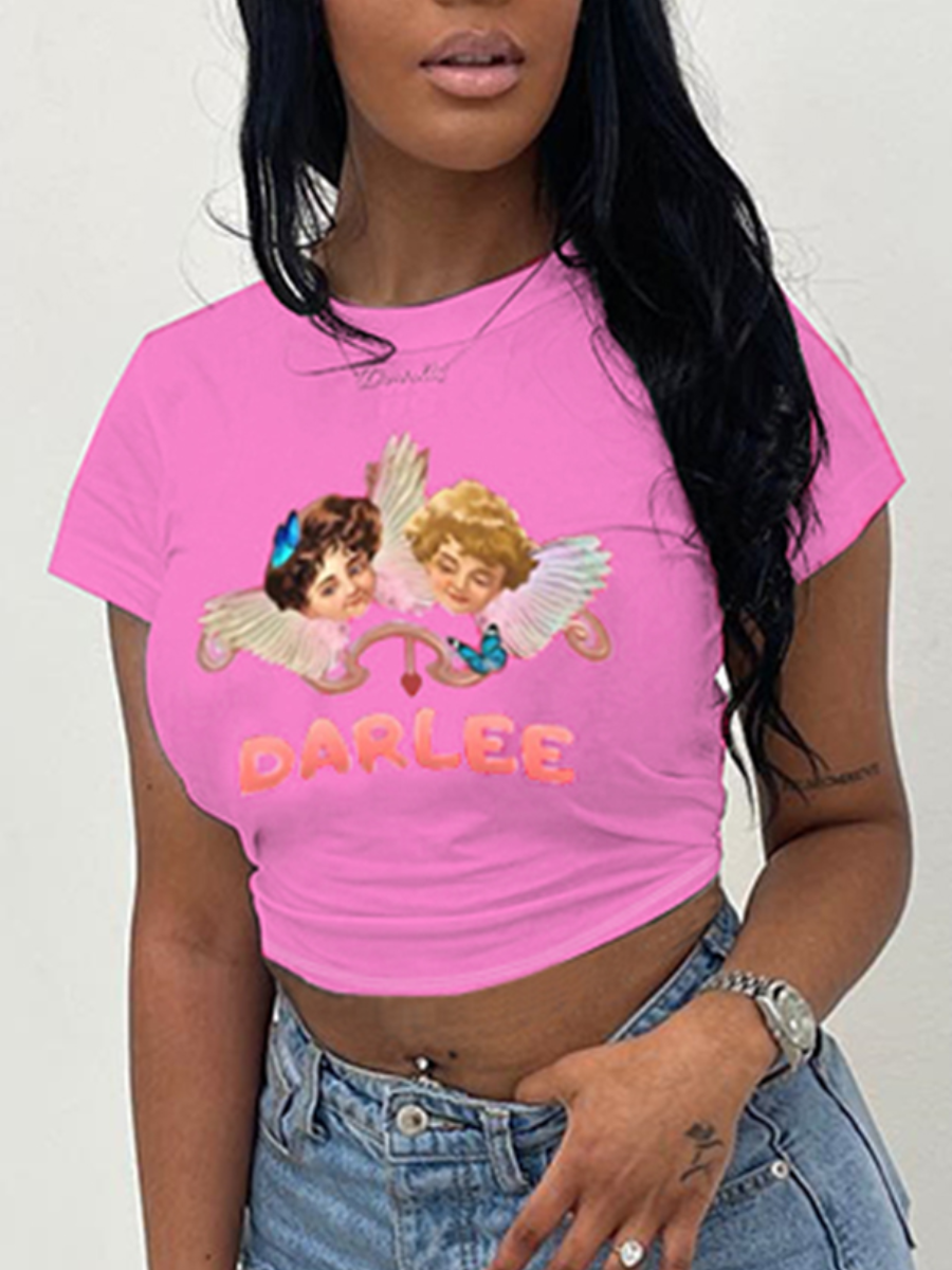 

LW Crop Top Figure Letter Print T-shirt, Rose red