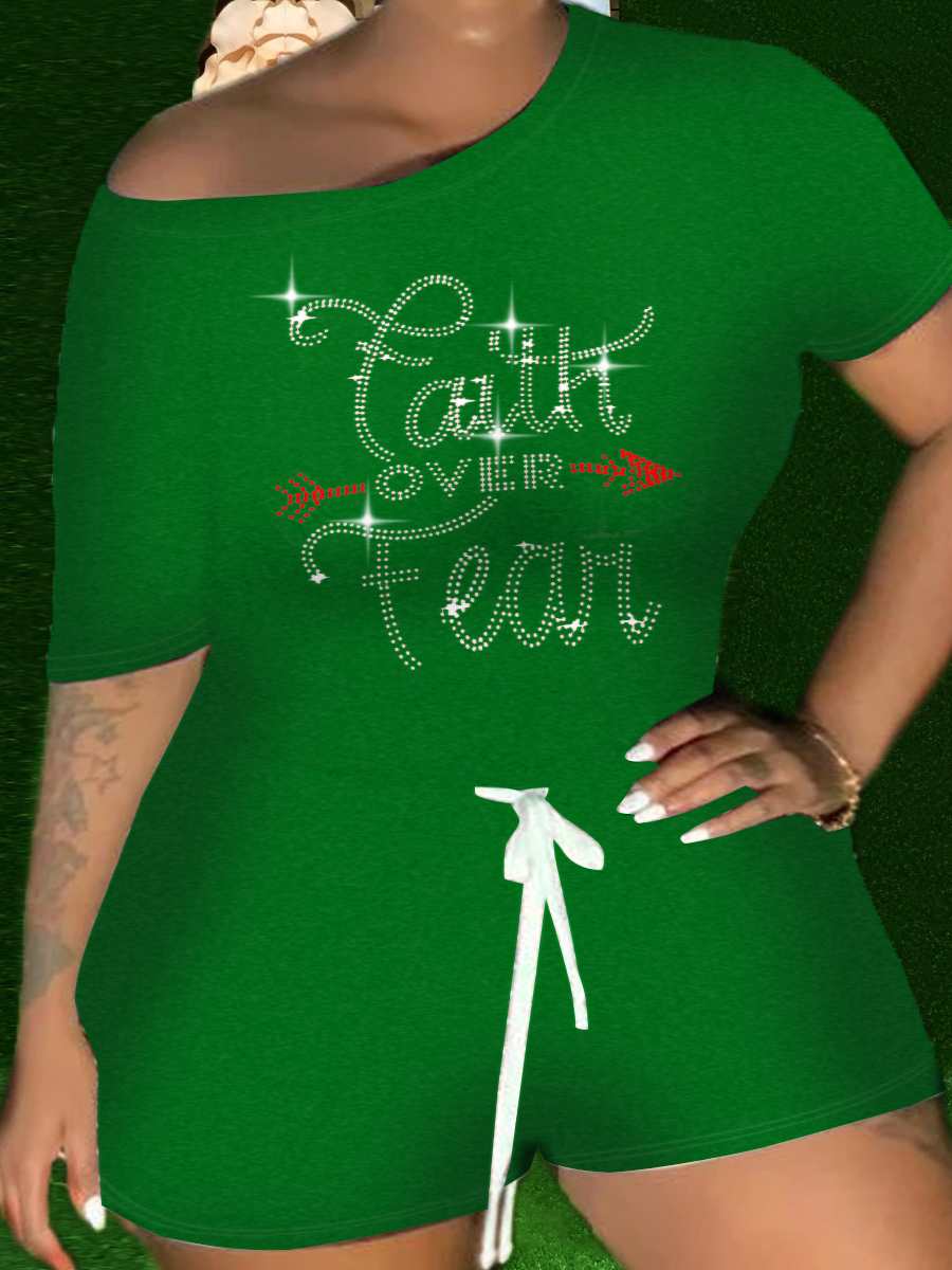 

LW Plus Size Rhinestone Faith Letter Shorts Set, Green