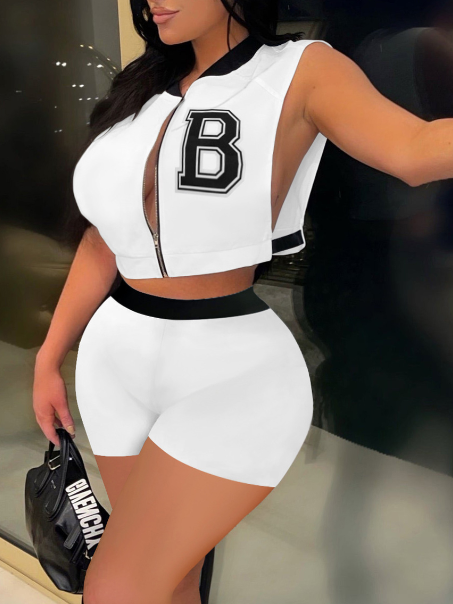 

LW Plus Size Letter Decor Side Split Shorts Set, White