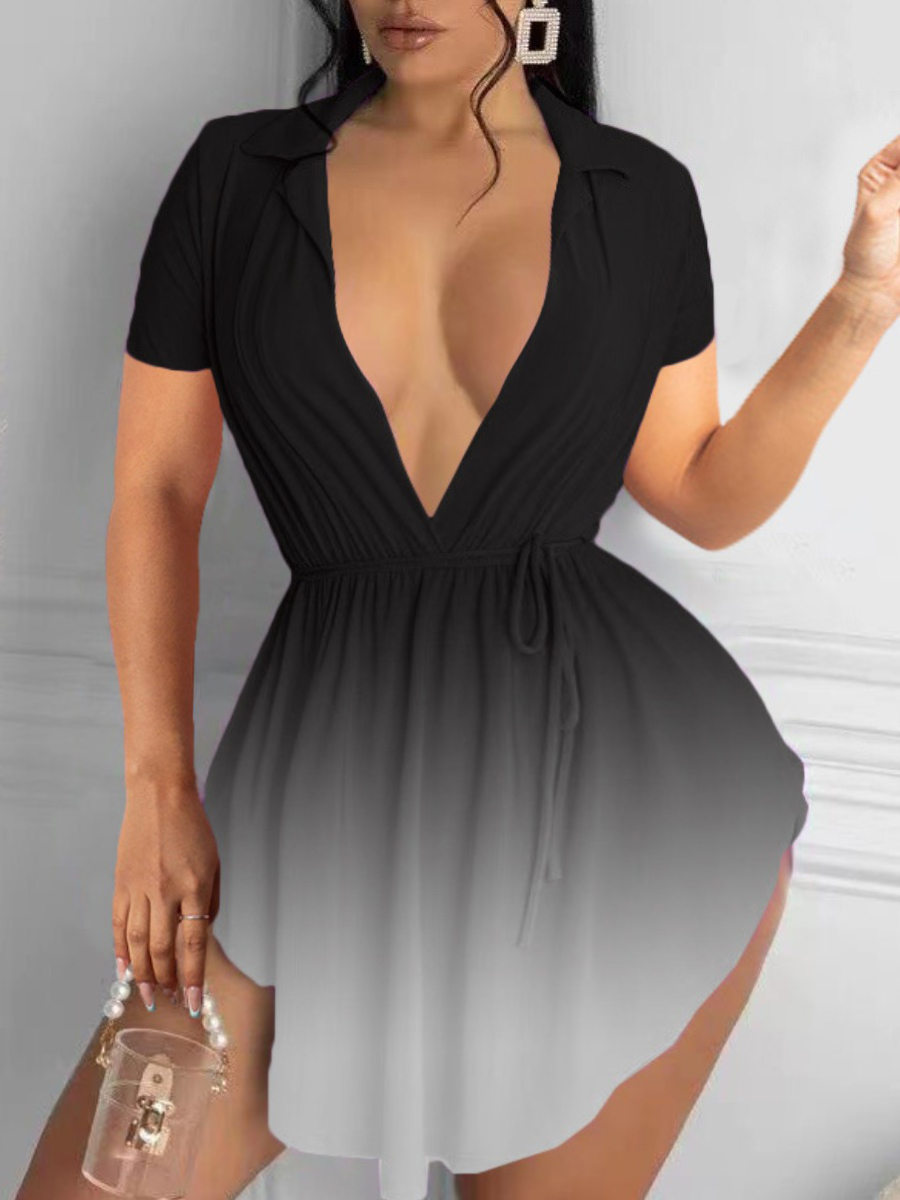 

LW SXY Plus Size Deep V Neck Gradient Drawstring Shorts Set (With Pocket), Black
