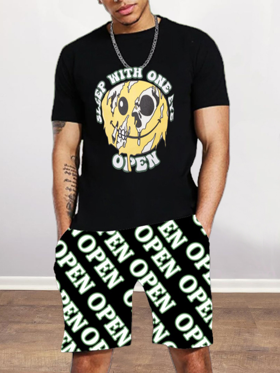 

LW Men Cartoon Letter Print Shorts Set, Black