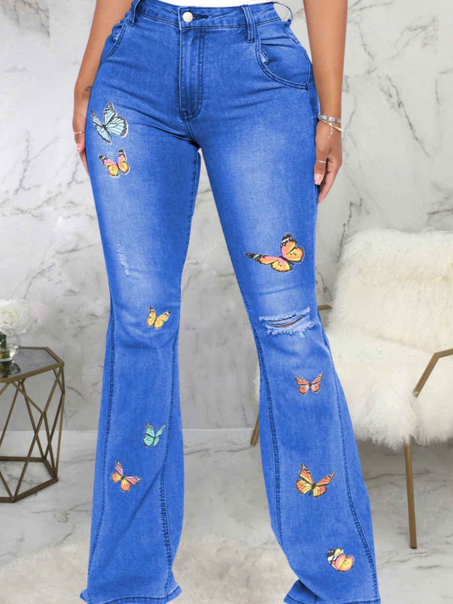 

LW SXY Butterfly Print Flared High Stretchy Jeans, Blue