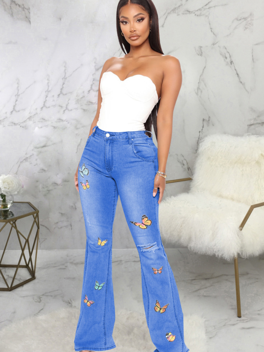 LW SXY Butterfly Print Flared High Stretchy Jeans