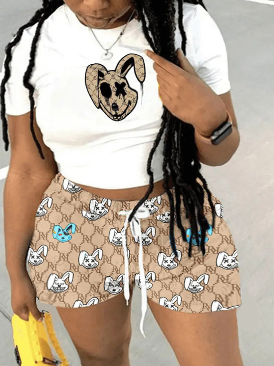 

LW Plus Size Cartoon Print Drawstring Shorts Set, Khaki