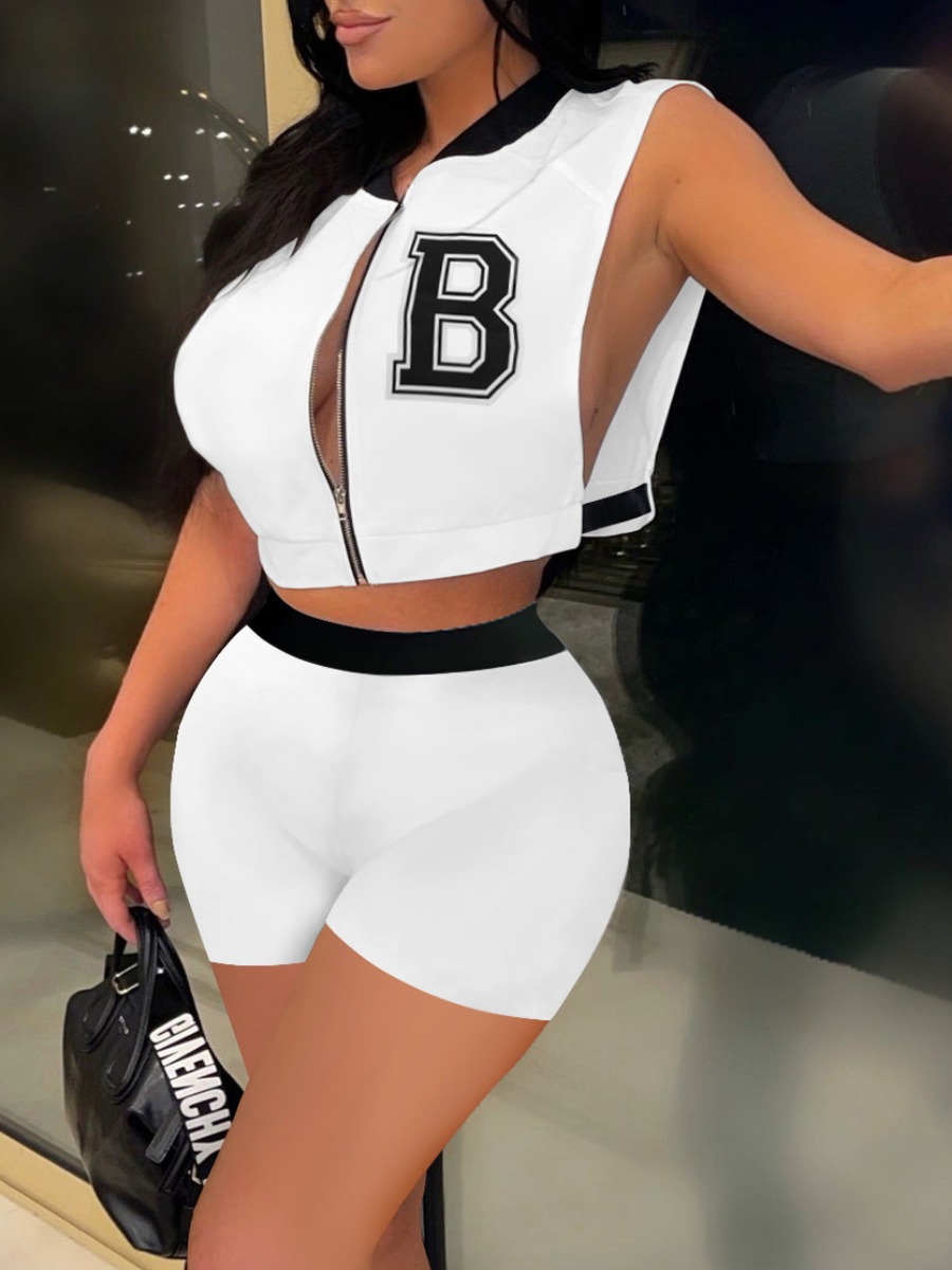 

LW BASICS Letter Decor Side Split Shorts Set, White