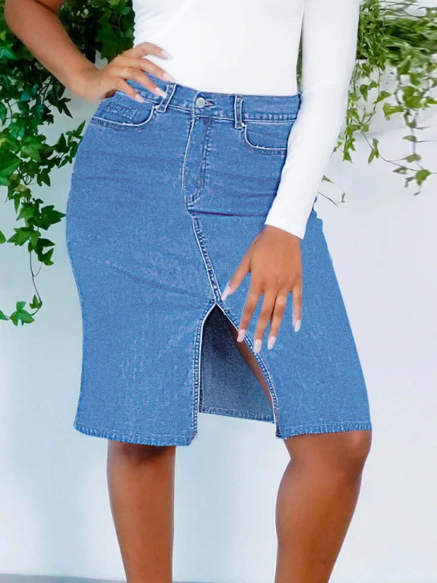 

LW High-waisted Slit Denim Skirt, Blue