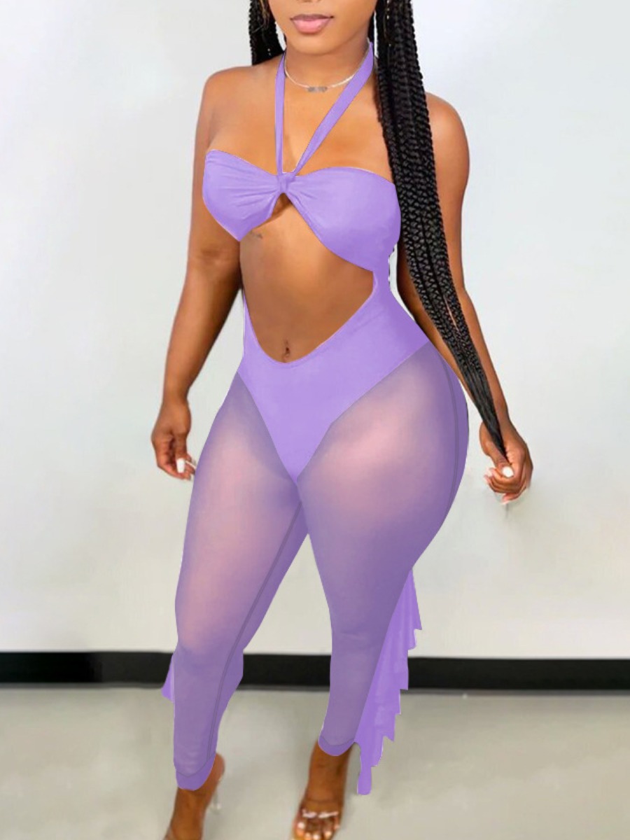 

LW See-through Backless Flounce Design Jumpsuit, Purple