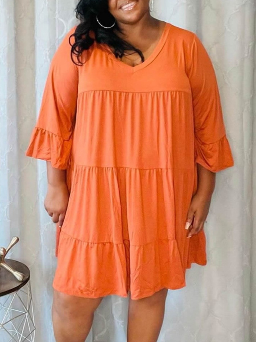 LW SXY Plus Size V Neck Ruffle Design Dress, Orange