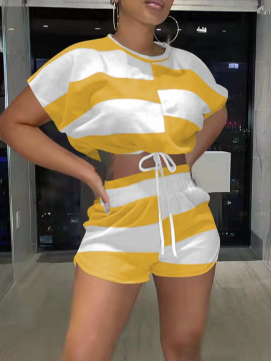 

LW BASICS Striped Drawstring Shorts Set, Yellow stripes