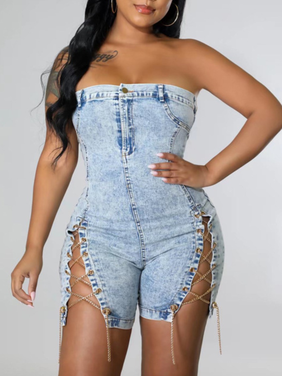 

LW Off The Shoulder Chain Decor Denim Jumpsuit, Baby blue