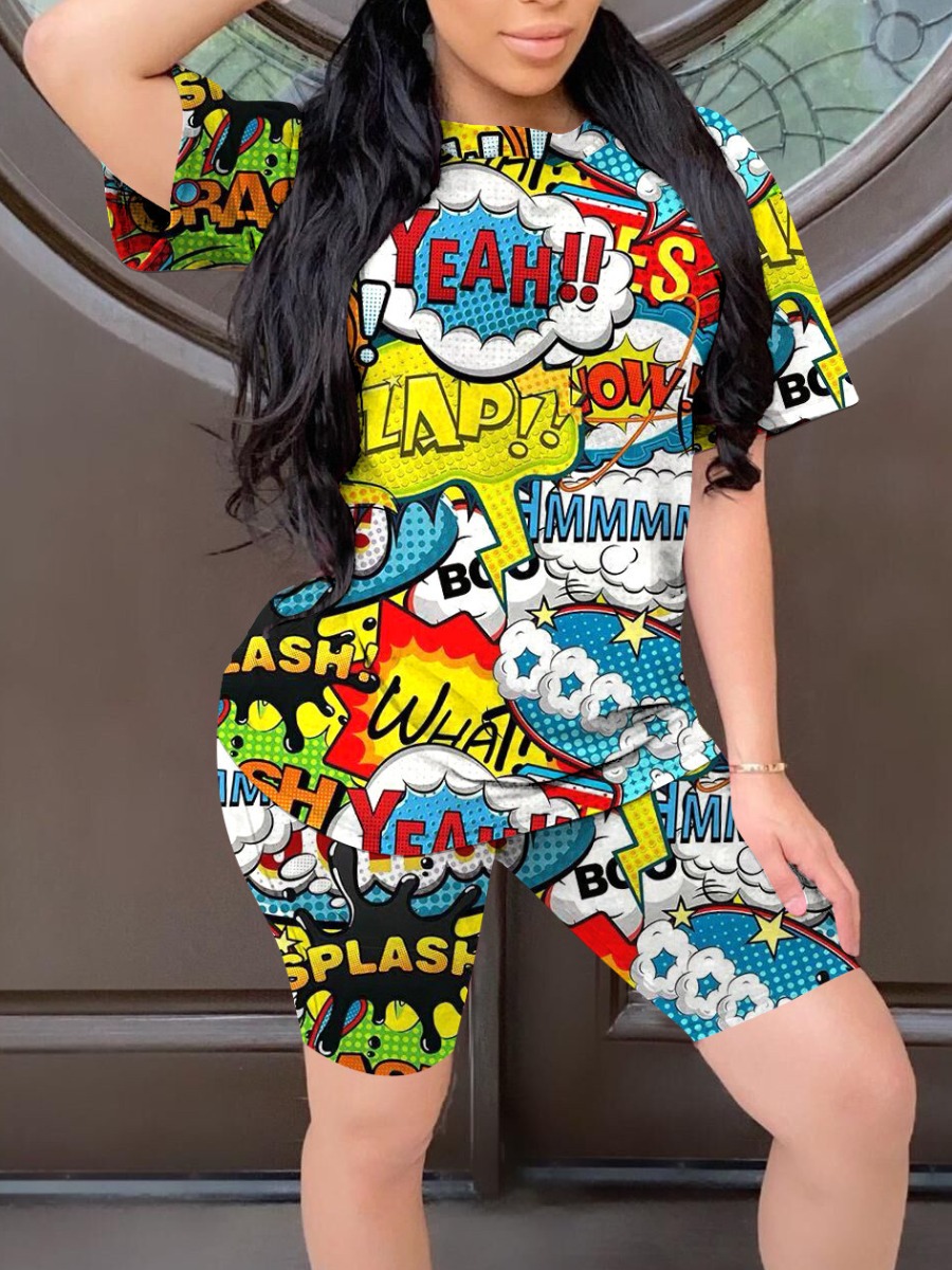 

LW Cartoon Letter Print Shorts Set, Multi