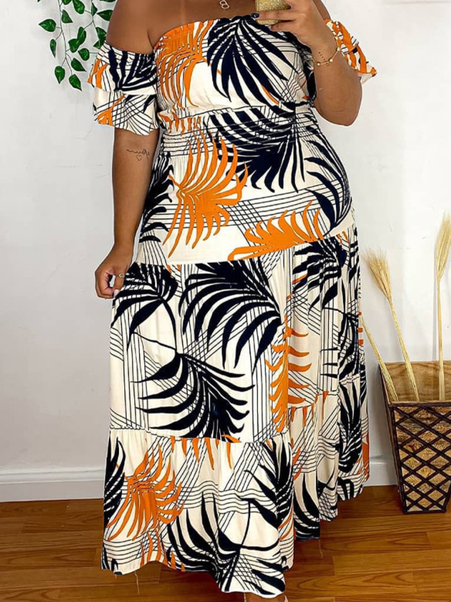 

LW Plus Size Off The Shoulder Floral Print A Line Dress, Orange