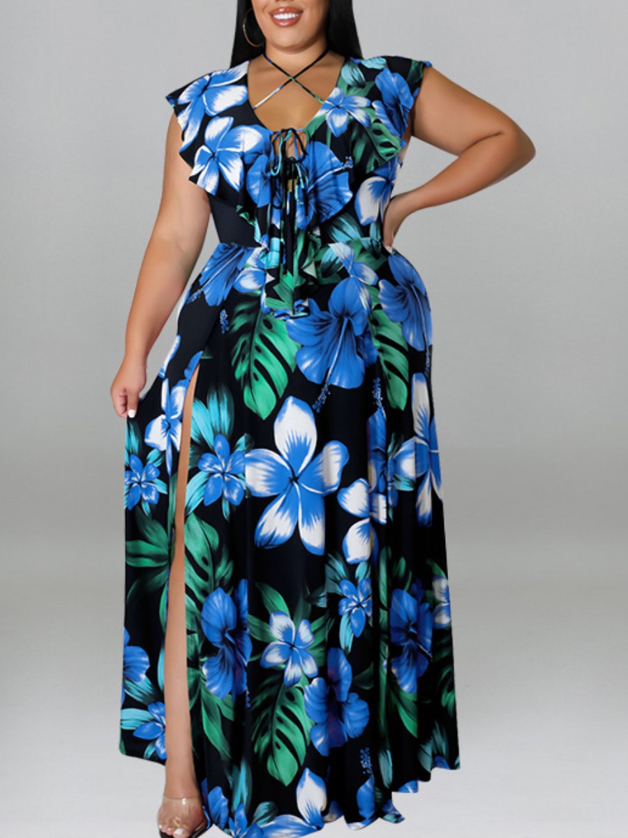 

LW Plus Size Floral Print Thigh Slit Dress, Blue