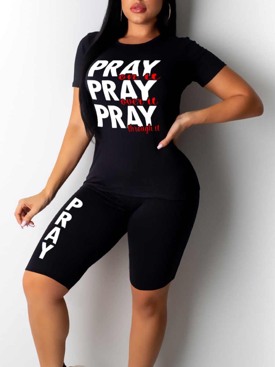 

LW Plus Size Pray Letter Print Shorts Set, Black