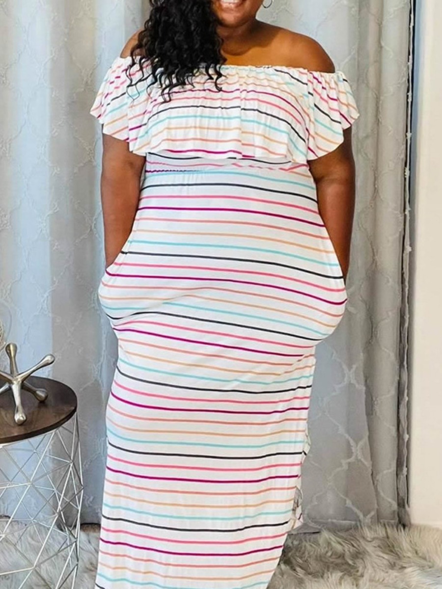 LW Plus Size Off The Shoulder Striped Slit Dress, White