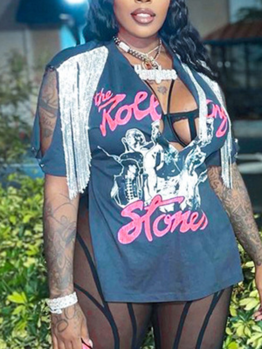 LW Plus Size Letter Print Tassel Design Split T-shirt