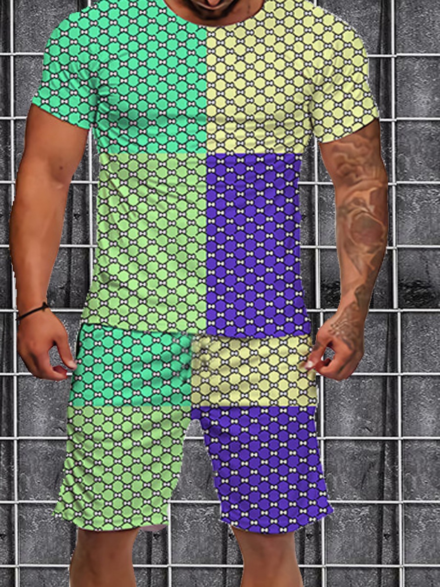 

LW Men Geometric Print Patchwork Shorts Set, Pink